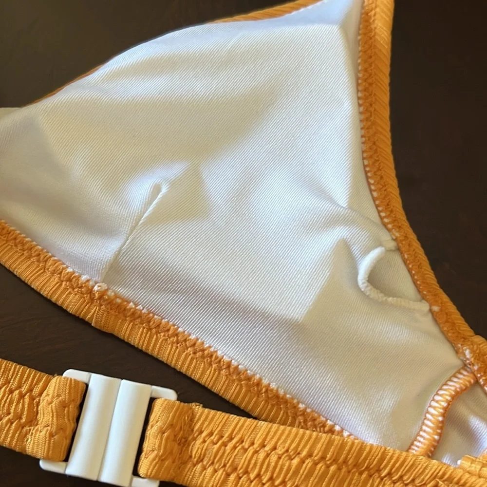 Marigold Yellow Ribbed Triangle Bikini Set Center Ladder Detail Cheeky Small - Picture 11 of 14